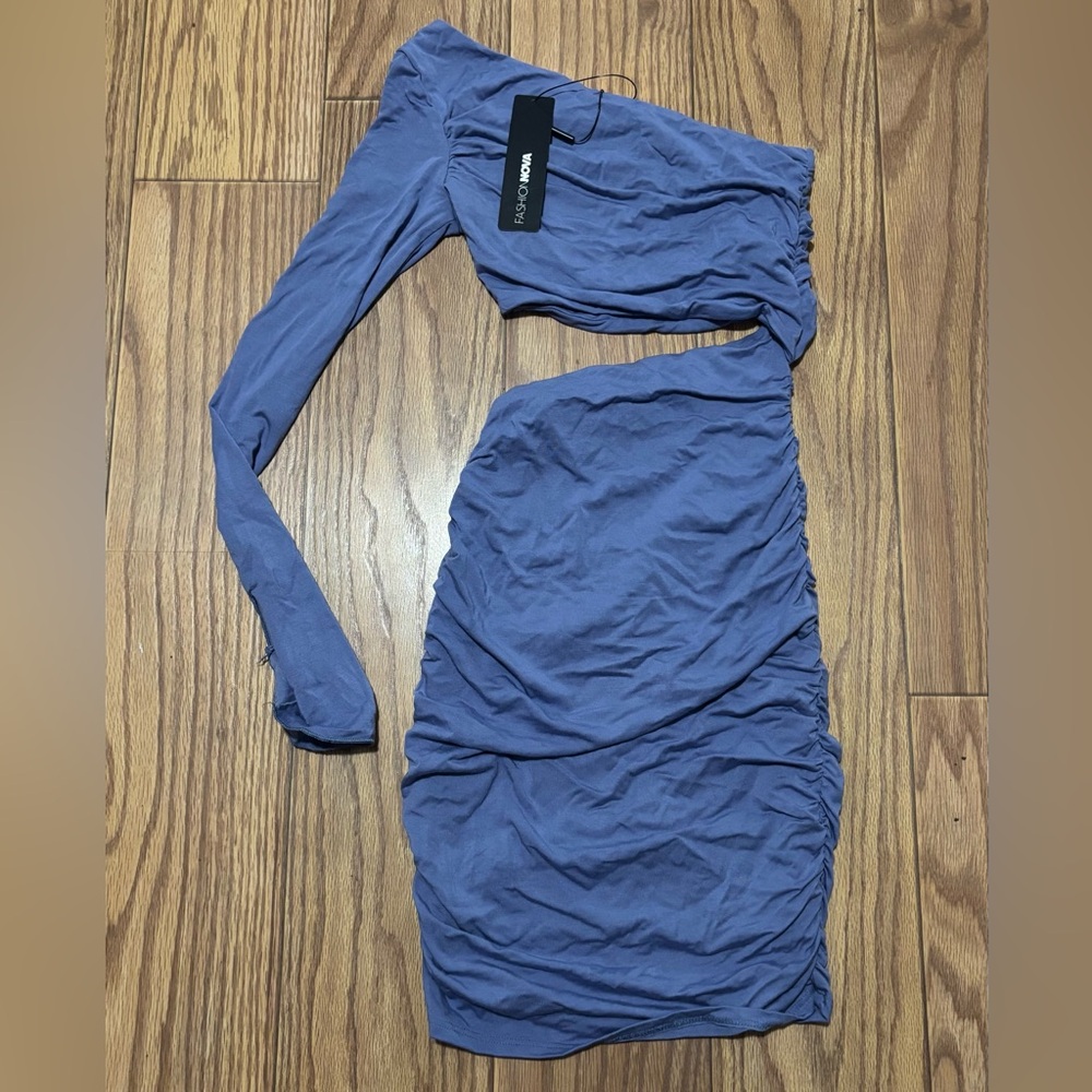 Fashion Nova Asymmetrical Dress in Dusty Blue
